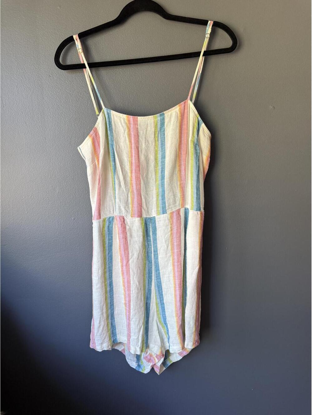Hurley Striped Multicolor Spaghetti Strap Romper with Back Cutout and Bow